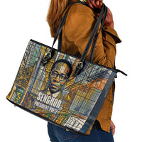 Léopold Sédar Senghor Leather Tote Bag President Poete Portrait Futuristic African Robotic Handshake Earth and Flowers Unity - Wonder Print Shop