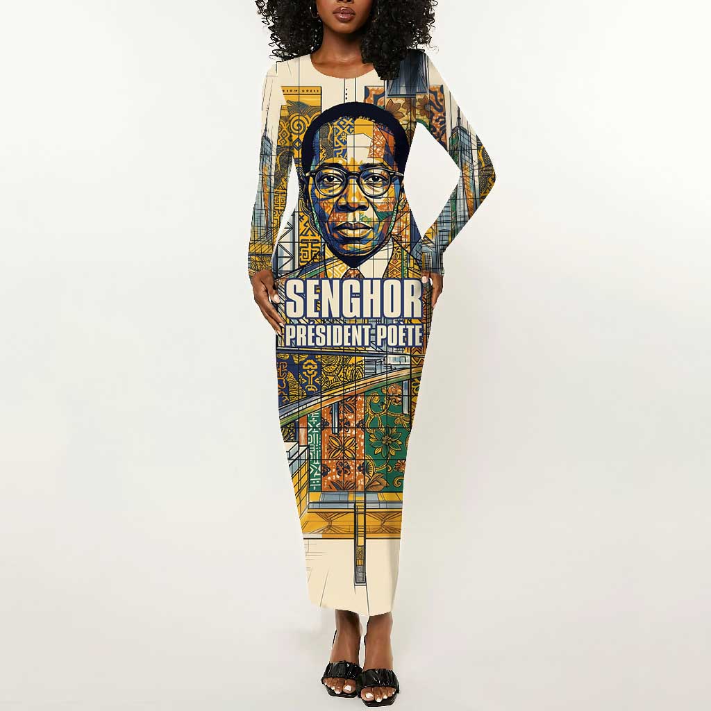 Léopold Sédar Senghor Long Sleeve Bodycon Dress President Poete Portrait Futuristic African Robotic Handshake Earth and Flowers Unity - Wonder Print Shop