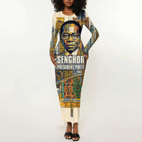 Léopold Sédar Senghor Long Sleeve Bodycon Dress President Poete Portrait Futuristic African Robotic Handshake Earth and Flowers Unity - Wonder Print Shop