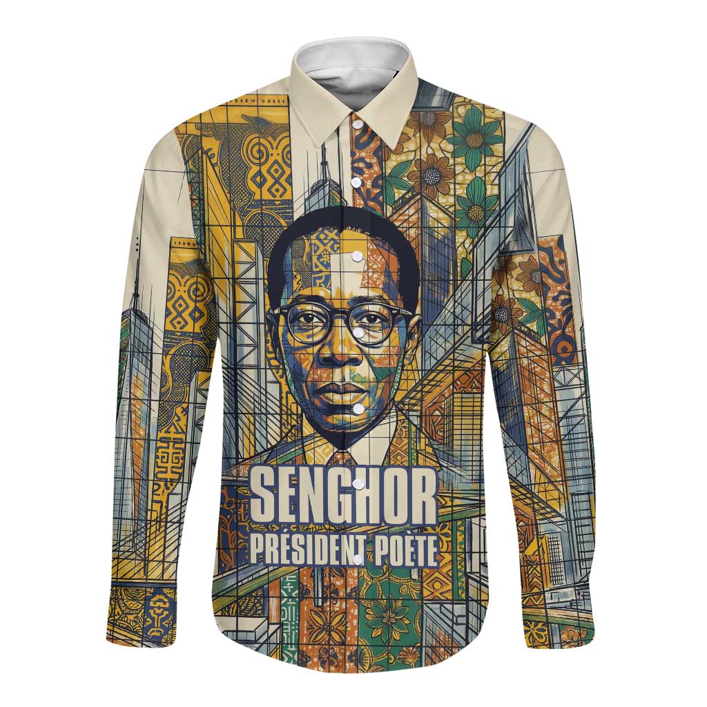 Léopold Sédar Senghor Long Sleeve Button Shirt President Poete Portrait Futuristic African Robotic Handshake Earth and Flowers Unity - Wonder Print Shop