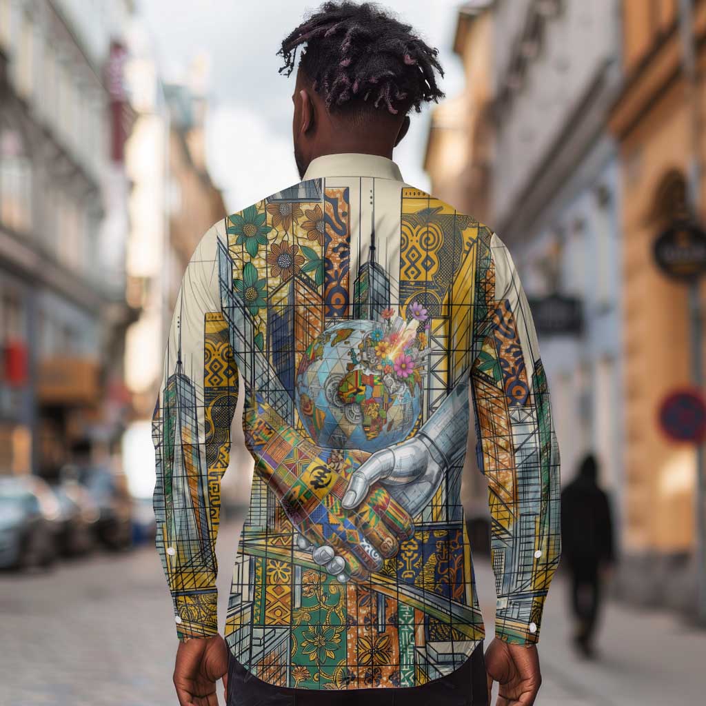 Léopold Sédar Senghor Long Sleeve Button Shirt President Poete Portrait Futuristic African Robotic Handshake Earth and Flowers Unity - Wonder Print Shop