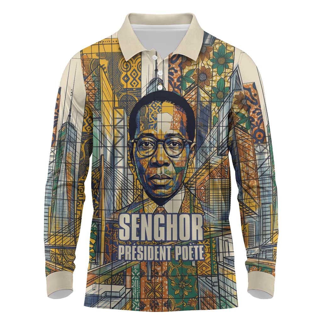Léopold Sédar Senghor Long Sleeve Polo Shirt President Poete Portrait Futuristic African Robotic Handshake Earth and Flowers Unity - Wonder Print Shop