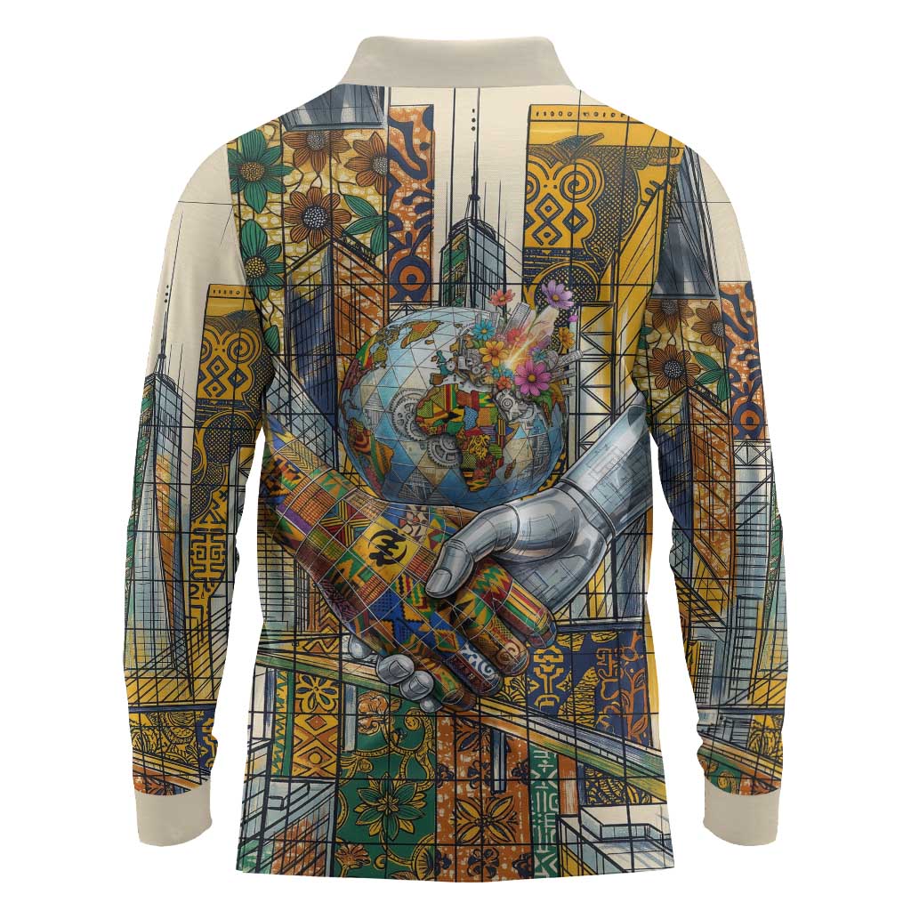 Léopold Sédar Senghor Long Sleeve Polo Shirt President Poete Portrait Futuristic African Robotic Handshake Earth and Flowers Unity - Wonder Print Shop