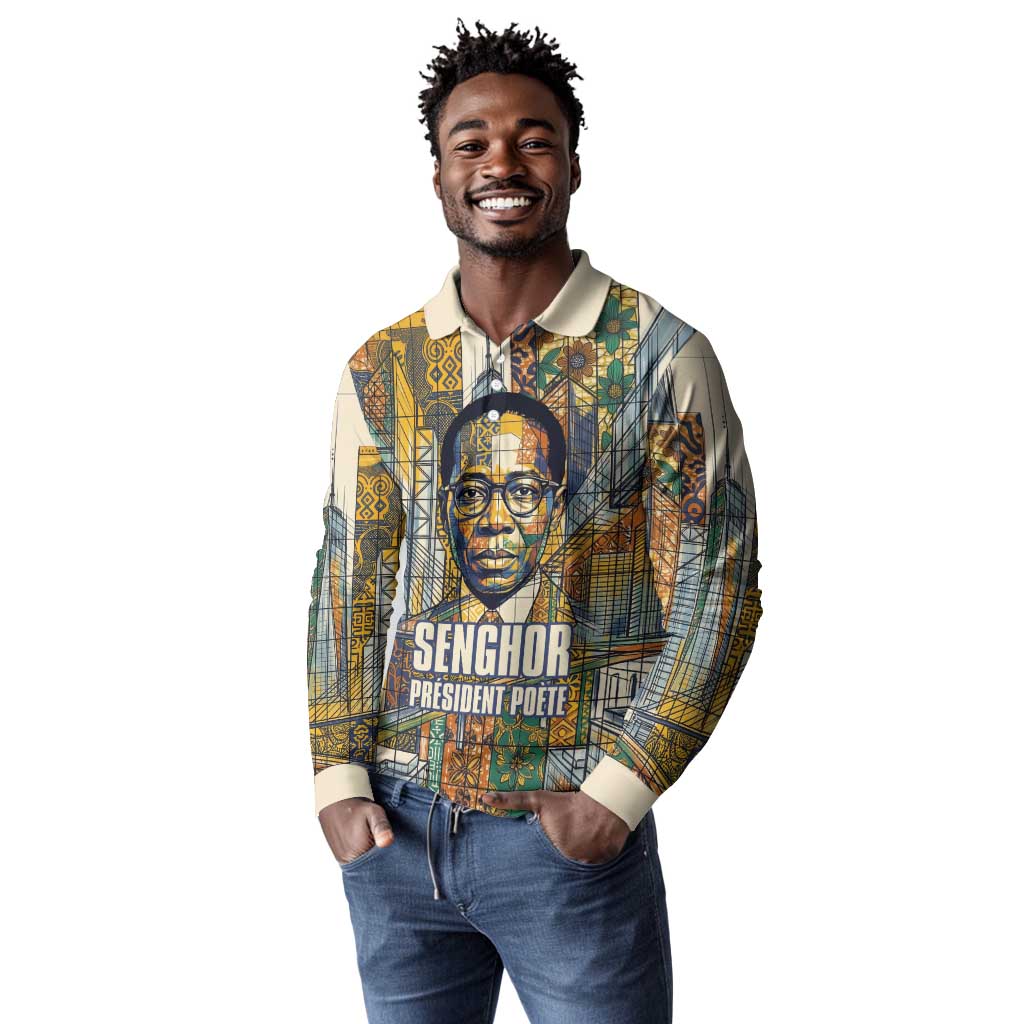 Léopold Sédar Senghor Long Sleeve Polo Shirt President Poete Portrait Futuristic African Robotic Handshake Earth and Flowers Unity - Wonder Print Shop