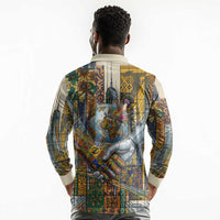 Léopold Sédar Senghor Long Sleeve Polo Shirt President Poete Portrait Futuristic African Robotic Handshake Earth and Flowers Unity - Wonder Print Shop