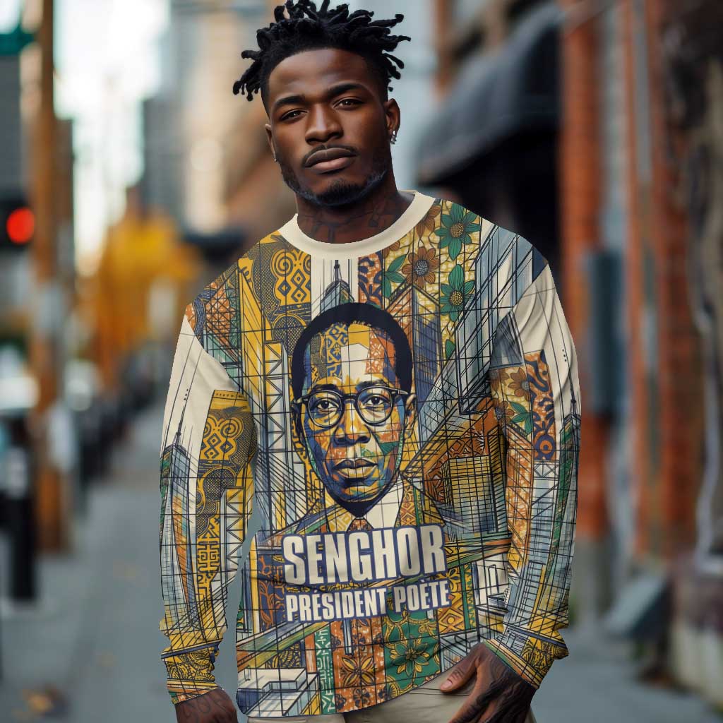 Léopold Sédar Senghor Long Sleeve Shirt President Poete Portrait Futuristic African Robotic Handshake Earth and Flowers Unity - Wonder Print Shop