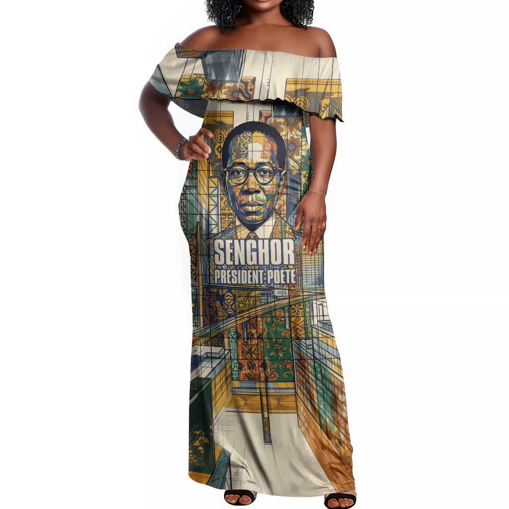 Léopold Sédar Senghor Off Shoulder Maxi Dress President Poete Portrait Futuristic African Robotic Handshake Earth and Flowers Unity - Wonder Print Shop