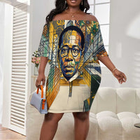 Léopold Sédar Senghor Off Shoulder Short Dress President Poete Portrait Futuristic African Robotic Handshake Earth and Flowers Unity - Wonder Print Shop