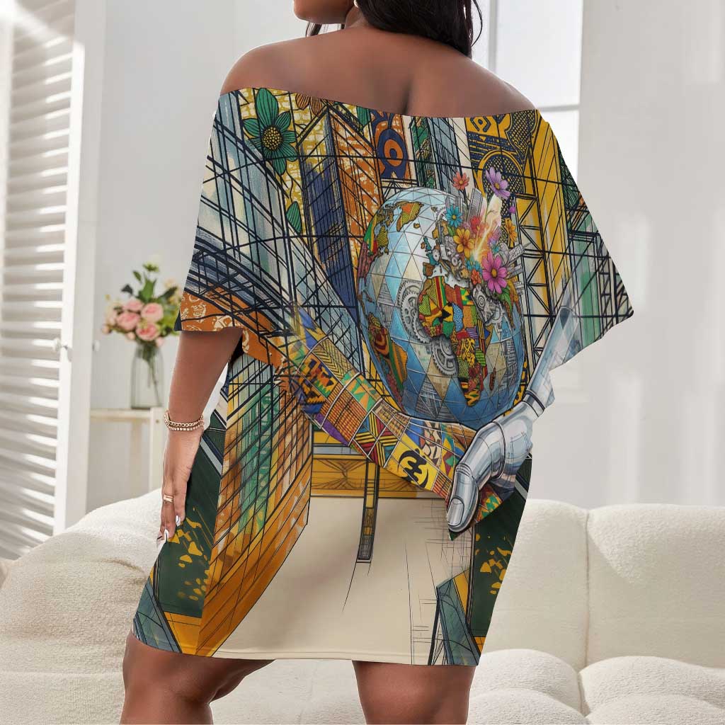 Léopold Sédar Senghor Off Shoulder Short Dress President Poete Portrait Futuristic African Robotic Handshake Earth and Flowers Unity - Wonder Print Shop