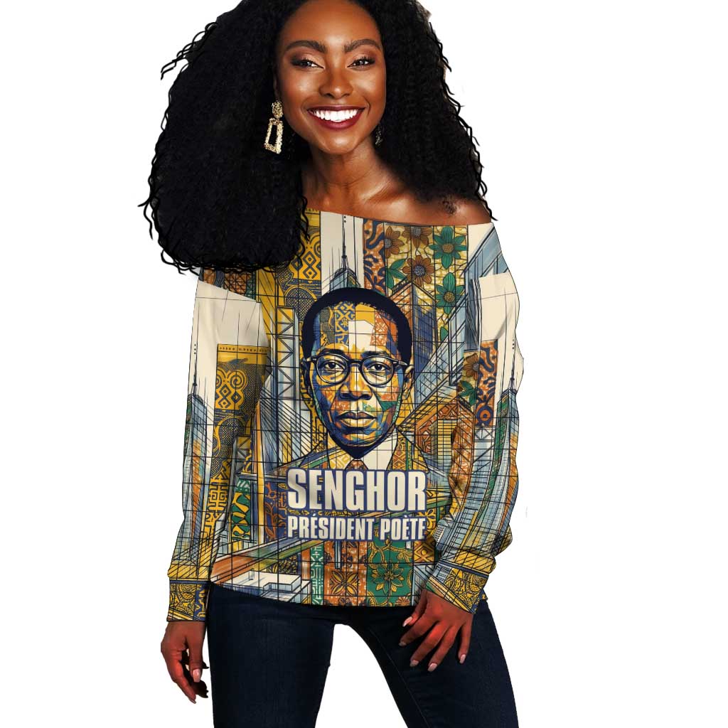 Léopold Sédar Senghor Off Shoulder Sweater President Poete Portrait Futuristic African Robotic Handshake Earth and Flowers Unity - Wonder Print Shop