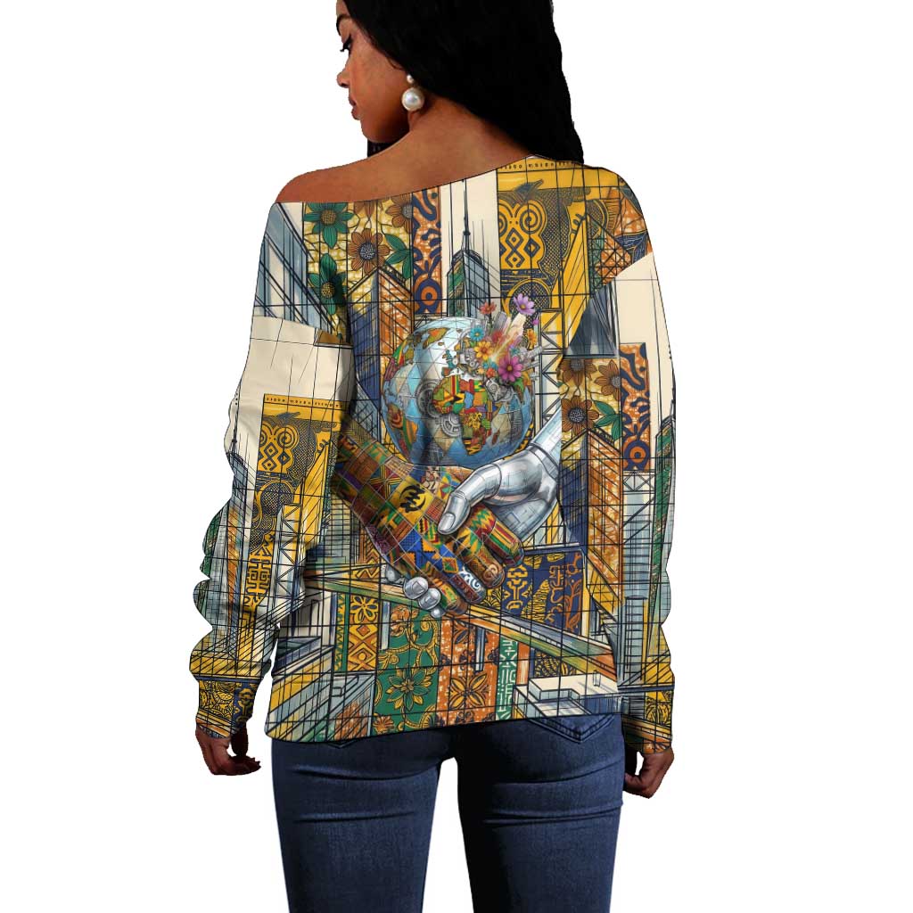 Léopold Sédar Senghor Off Shoulder Sweater President Poete Portrait Futuristic African Robotic Handshake Earth and Flowers Unity - Wonder Print Shop