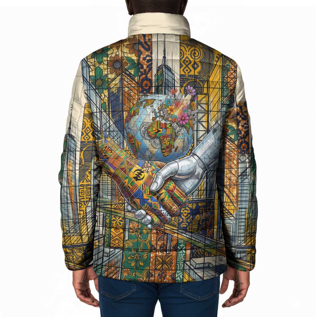 Léopold Sédar Senghor Padded Jacket President Poete Portrait Futuristic African Robotic Handshake Earth and Flowers Unity - Wonder Print Shop