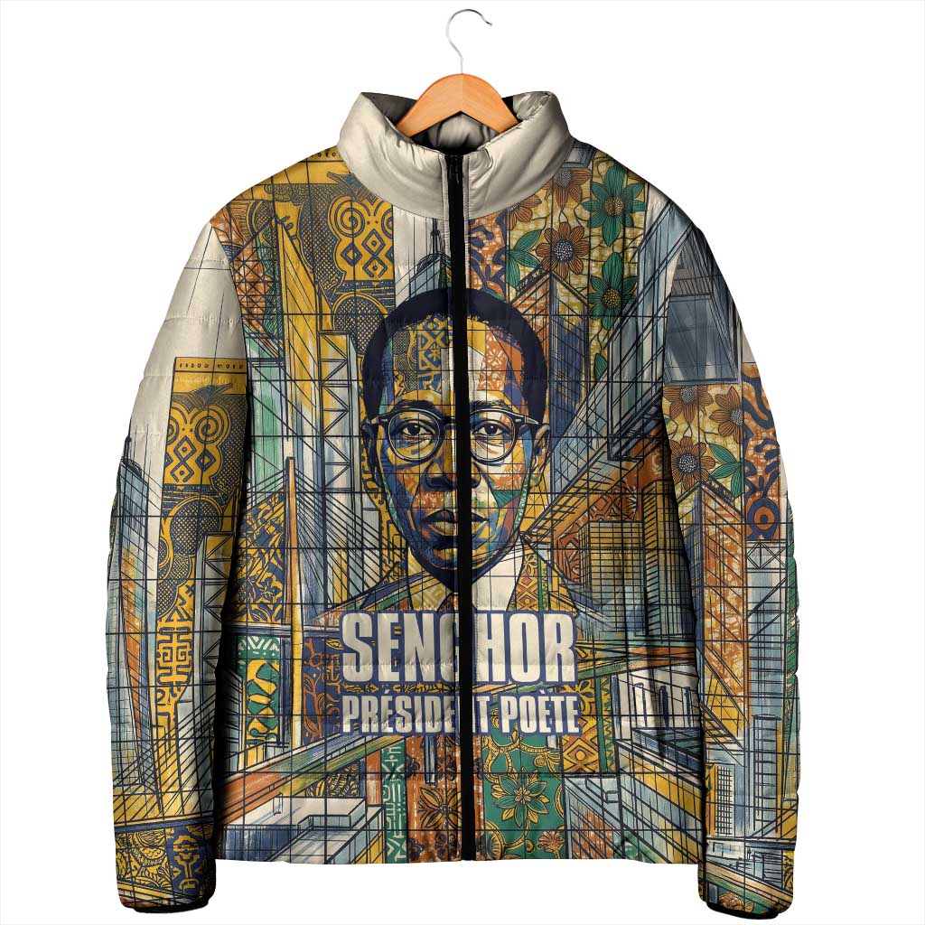Léopold Sédar Senghor Padded Jacket President Poete Portrait Futuristic African Robotic Handshake Earth and Flowers Unity - Wonder Print Shop