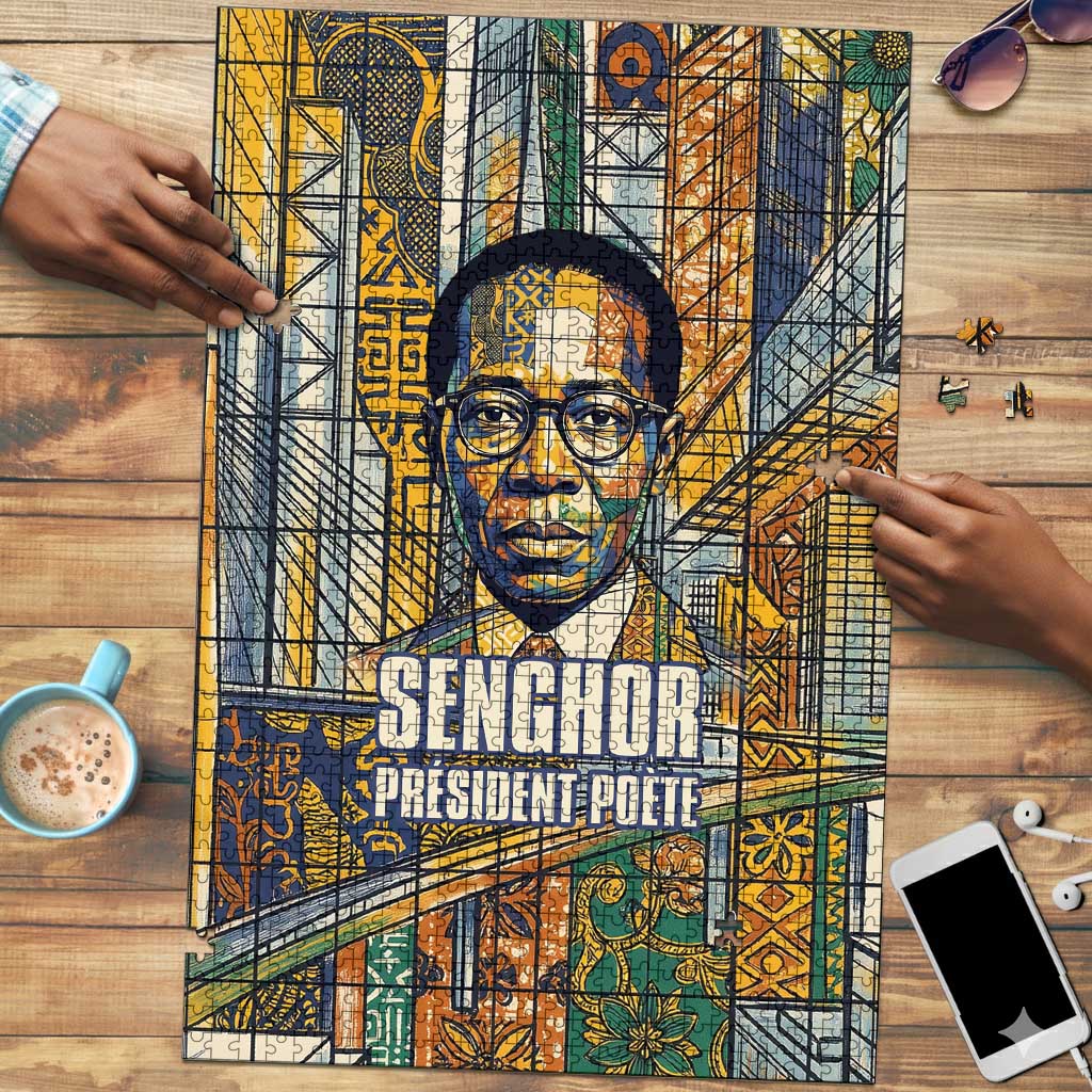 Léopold Sédar Senghor Puzzle President Poete Portrait Futuristic African Robotic Handshake Earth and Flowers Unity - Wonder Print Shop