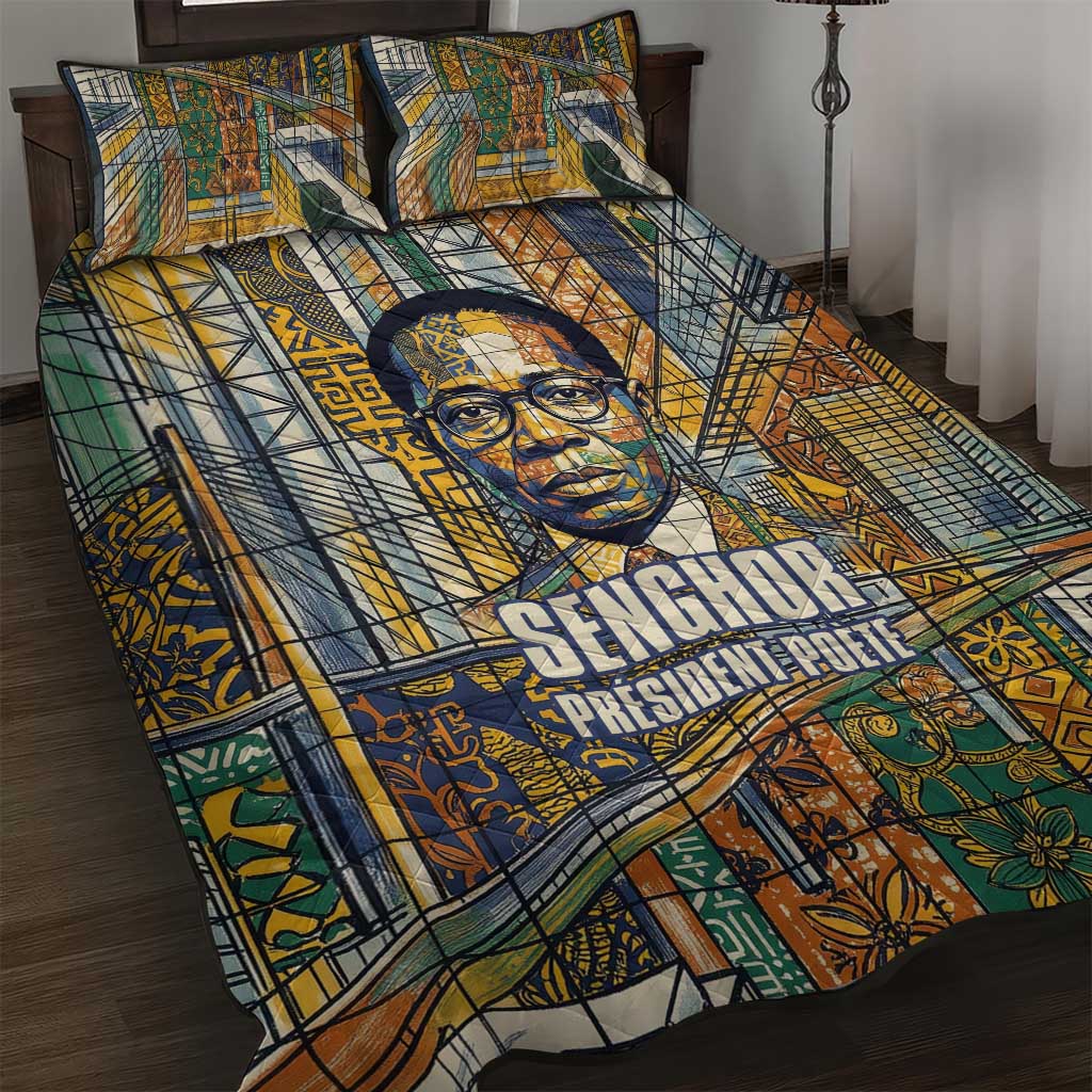 Léopold Sédar Senghor Quilt Bed Set President Poete Portrait Futuristic African Robotic Handshake Earth and Flowers Unity - Wonder Print Shop