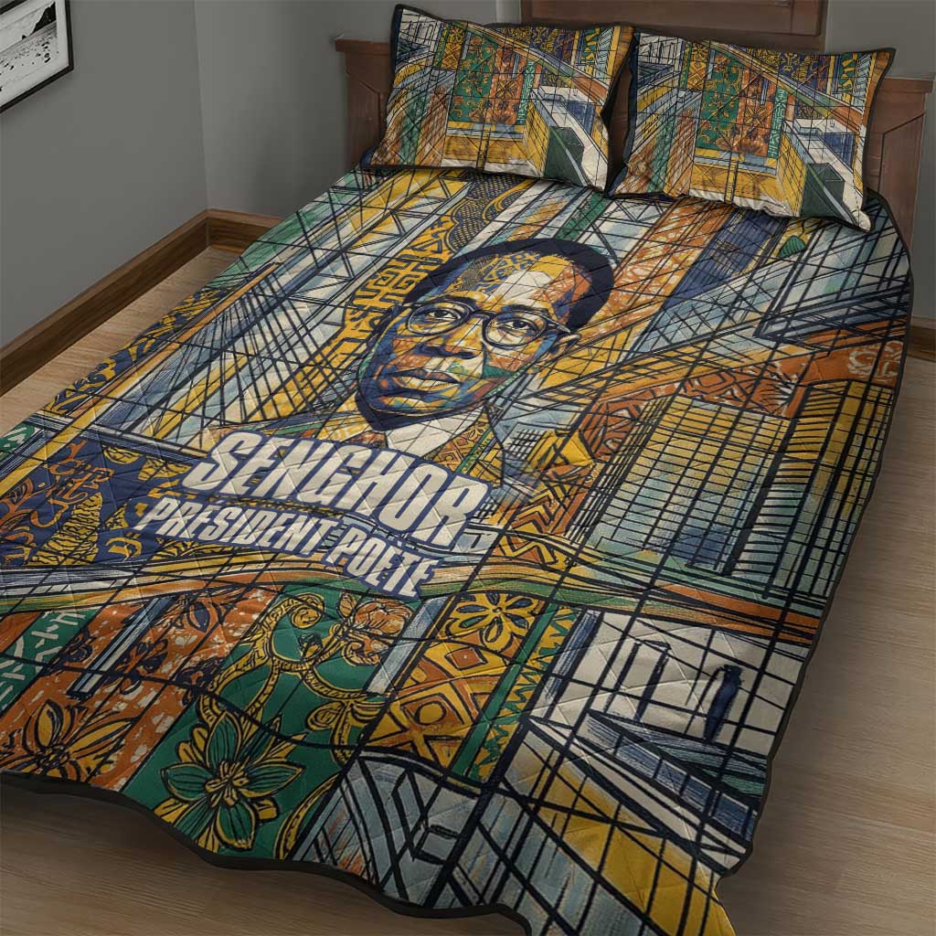 Léopold Sédar Senghor Quilt Bed Set President Poete Portrait Futuristic African Robotic Handshake Earth and Flowers Unity - Wonder Print Shop
