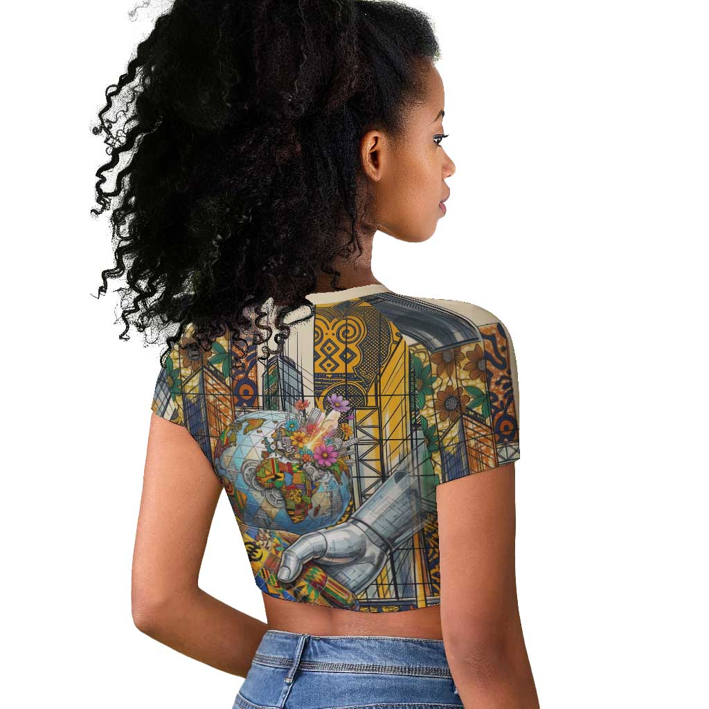 Léopold Sédar Senghor Raglan Cropped T shirt President Poete Portrait Futuristic African Robotic Handshake Earth and Flowers Unity - Wonder Print Shop