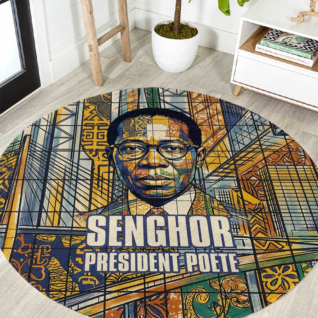Léopold Sédar Senghor Round Carpet President Poete Portrait Futuristic African Robotic Handshake Earth and Flowers Unity - Wonder Print Shop