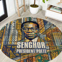 Léopold Sédar Senghor Round Carpet President Poete Portrait Futuristic African Robotic Handshake Earth and Flowers Unity - Wonder Print Shop