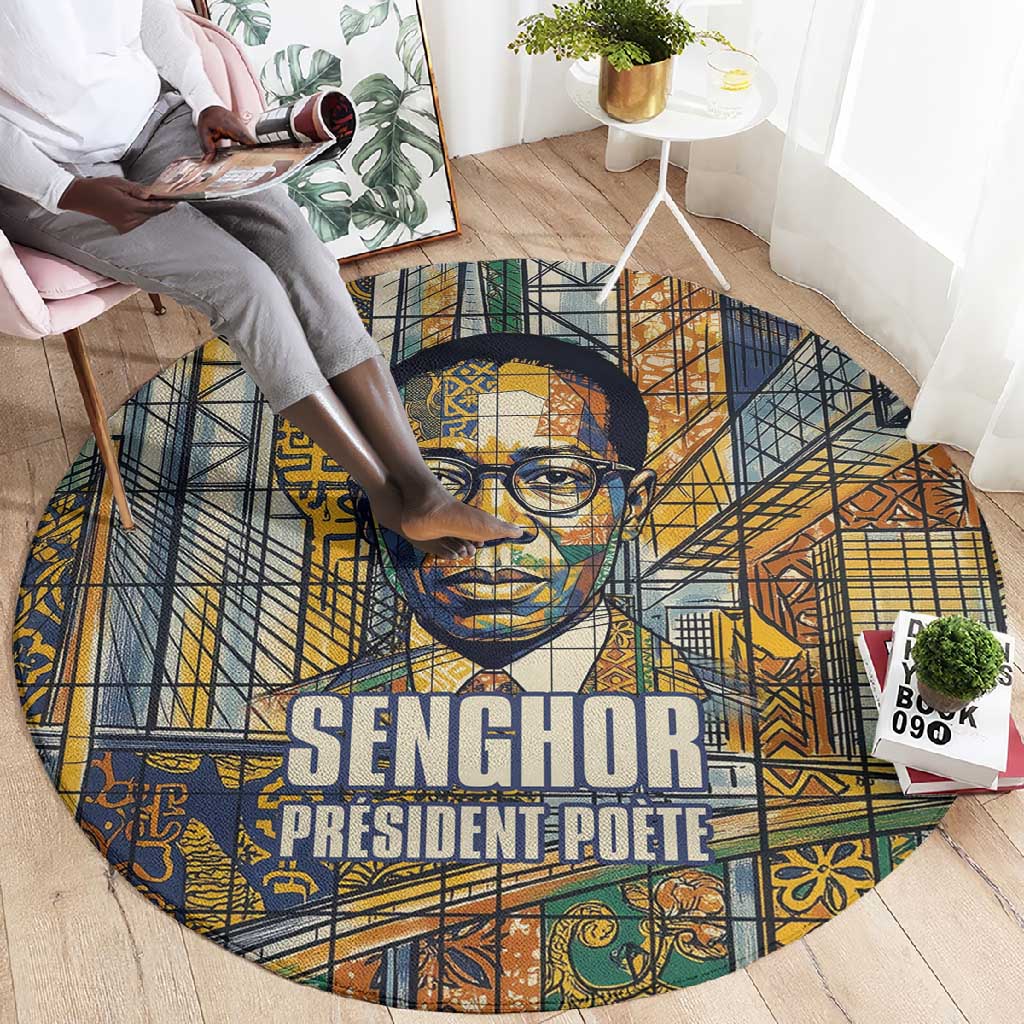 Léopold Sédar Senghor Round Carpet President Poete Portrait Futuristic African Robotic Handshake Earth and Flowers Unity - Wonder Print Shop