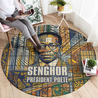 Léopold Sédar Senghor Round Carpet President Poete Portrait Futuristic African Robotic Handshake Earth and Flowers Unity - Wonder Print Shop