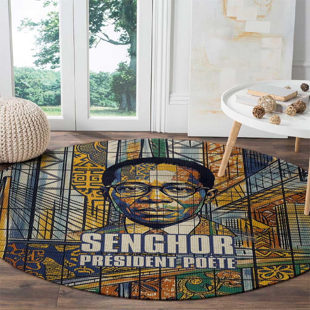 Léopold Sédar Senghor Round Carpet President Poete Portrait Futuristic African Robotic Handshake Earth and Flowers Unity - Wonder Print Shop