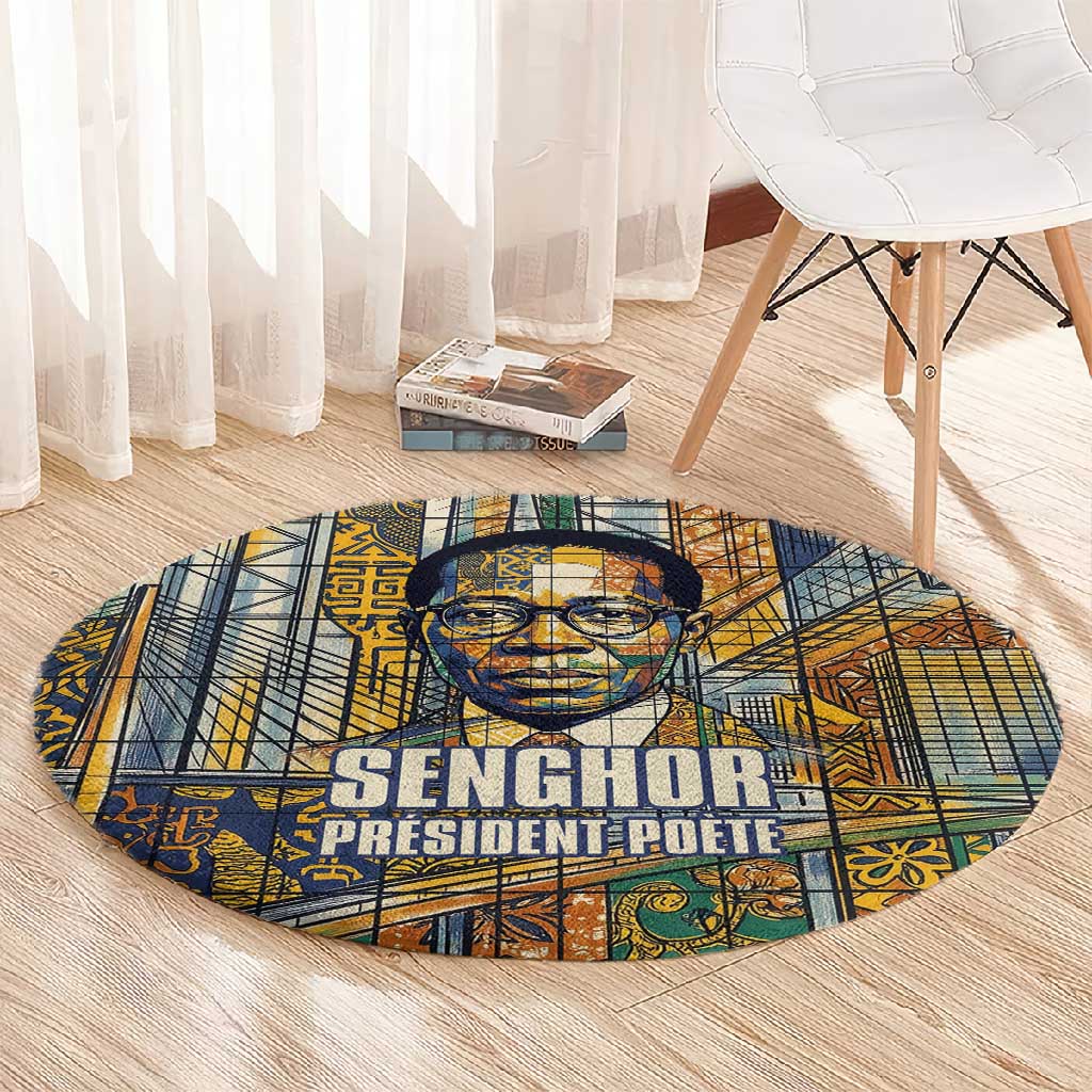 Léopold Sédar Senghor Round Carpet President Poete Portrait Futuristic African Robotic Handshake Earth and Flowers Unity - Wonder Print Shop