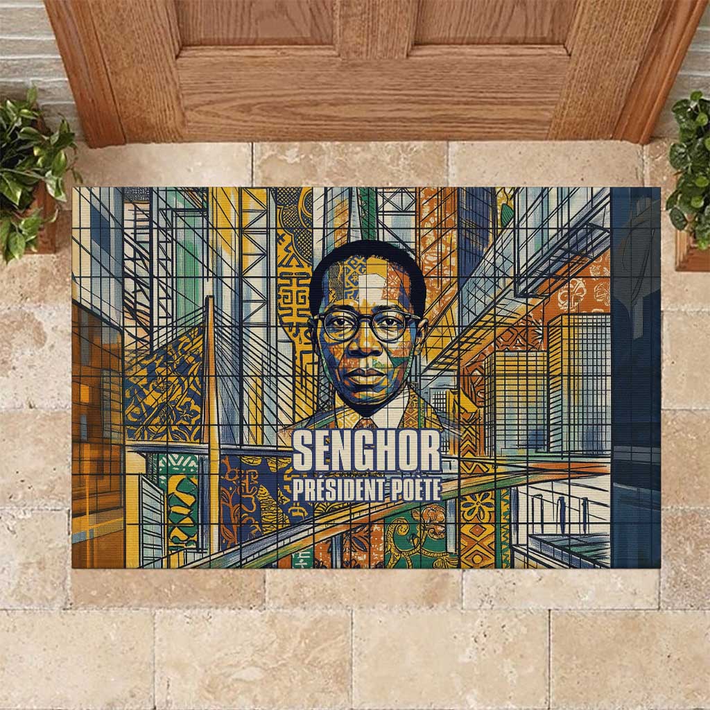 Léopold Sédar Senghor Rubber Doormat President Poete Portrait Futuristic African Robotic Handshake Earth and Flowers Unity - Wonder Print Shop