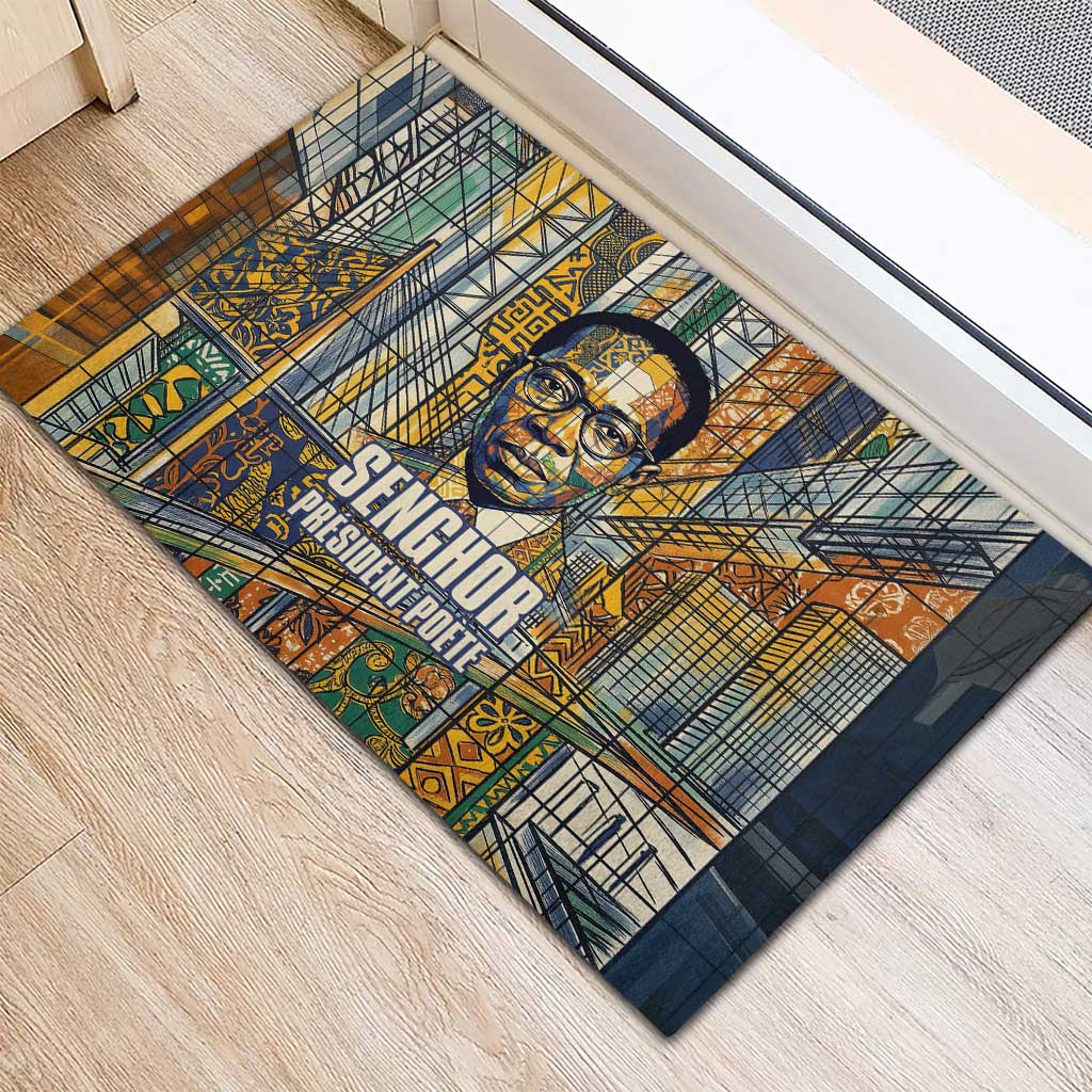 Léopold Sédar Senghor Rubber Doormat President Poete Portrait Futuristic African Robotic Handshake Earth and Flowers Unity - Wonder Print Shop