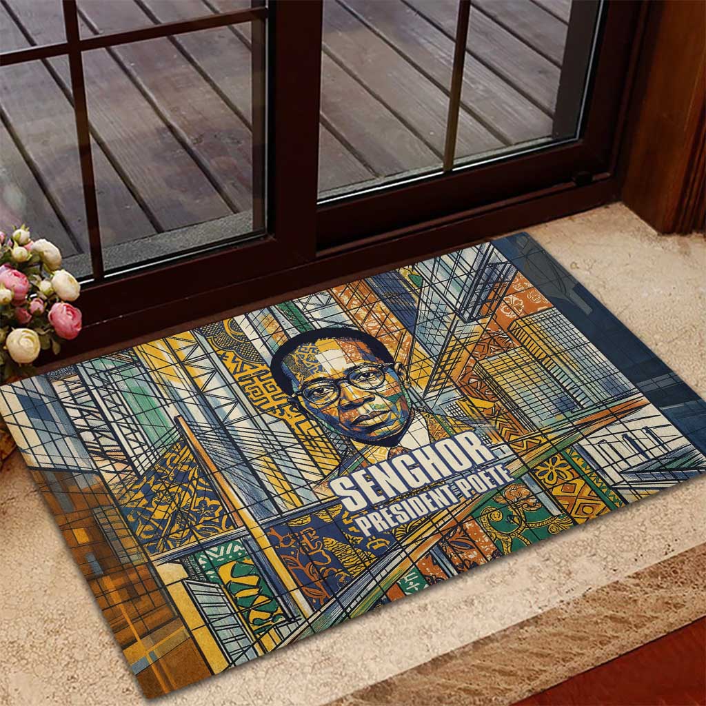 Léopold Sédar Senghor Rubber Doormat President Poete Portrait Futuristic African Robotic Handshake Earth and Flowers Unity - Wonder Print Shop