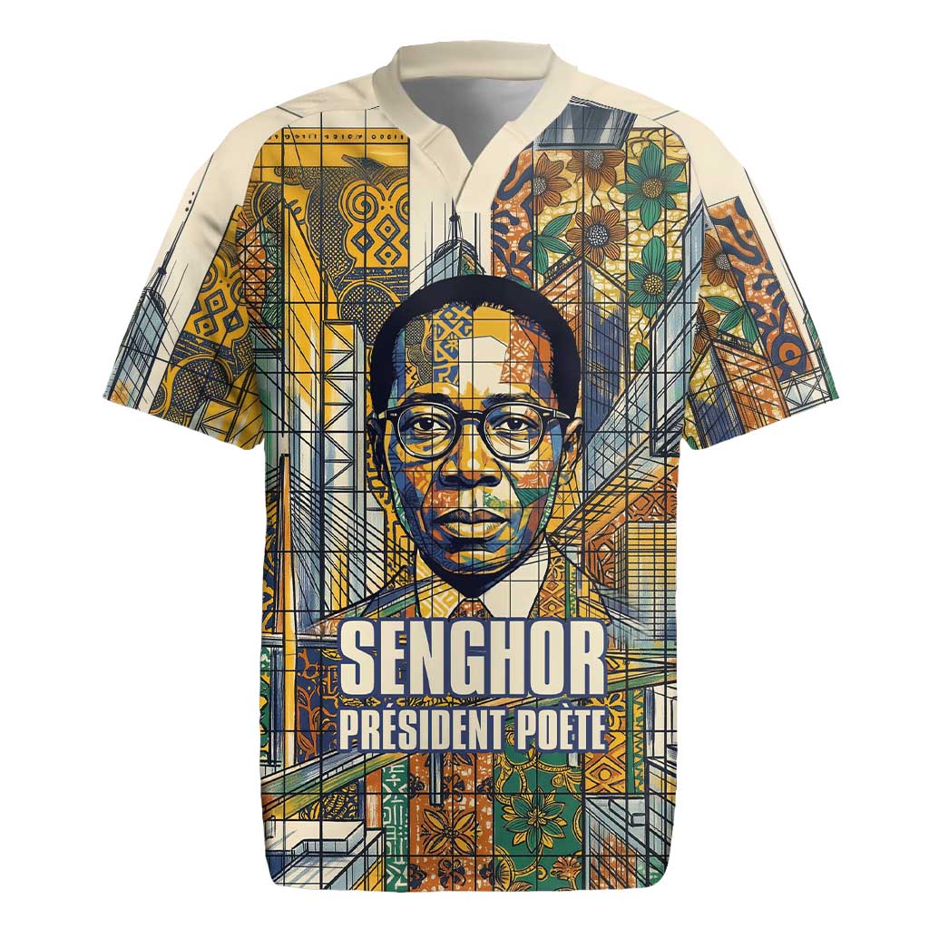 Léopold Sédar Senghor Rugby Jersey President Poete Portrait Futuristic African Robotic Handshake Earth and Flowers Unity - Wonder Print Shop