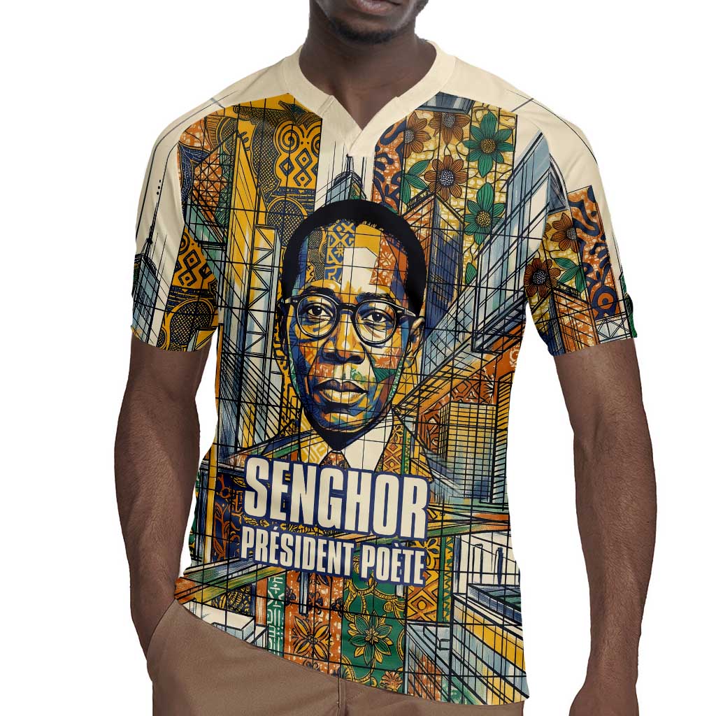 Léopold Sédar Senghor Rugby Jersey President Poete Portrait Futuristic African Robotic Handshake Earth and Flowers Unity - Wonder Print Shop