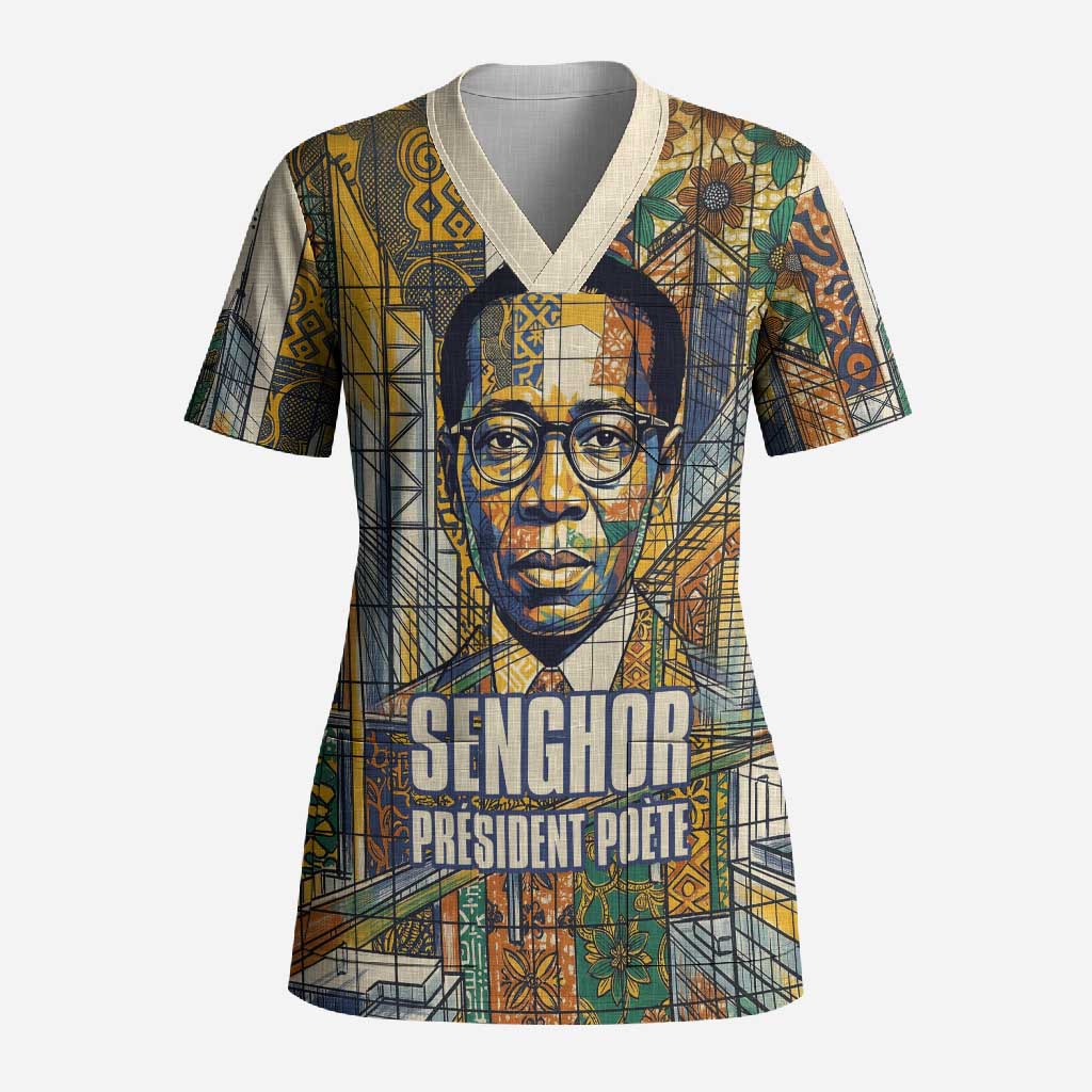 Léopold Sédar Senghor Scrub Top President Poete Portrait Futuristic African Robotic Handshake Earth and Flowers Unity - Wonder Print Shop