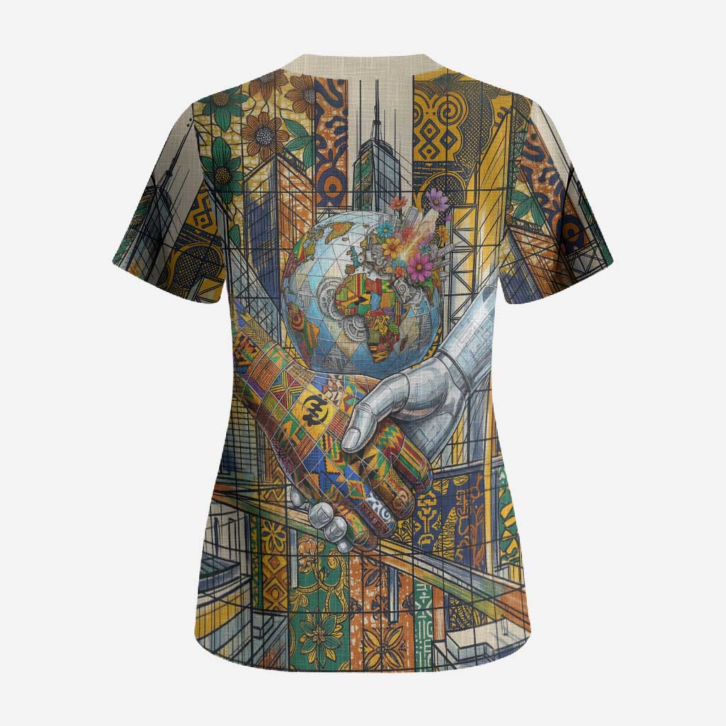 Léopold Sédar Senghor Scrub Top President Poete Portrait Futuristic African Robotic Handshake Earth and Flowers Unity - Wonder Print Shop