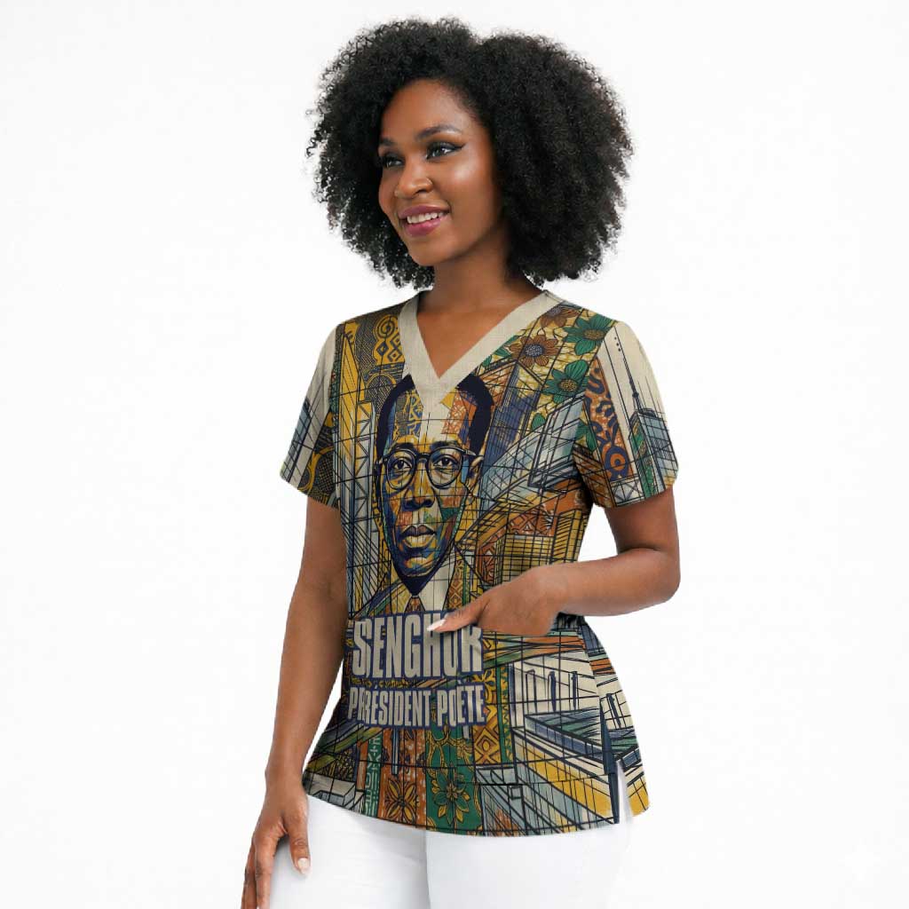 Léopold Sédar Senghor Scrub Top President Poete Portrait Futuristic African Robotic Handshake Earth and Flowers Unity - Wonder Print Shop