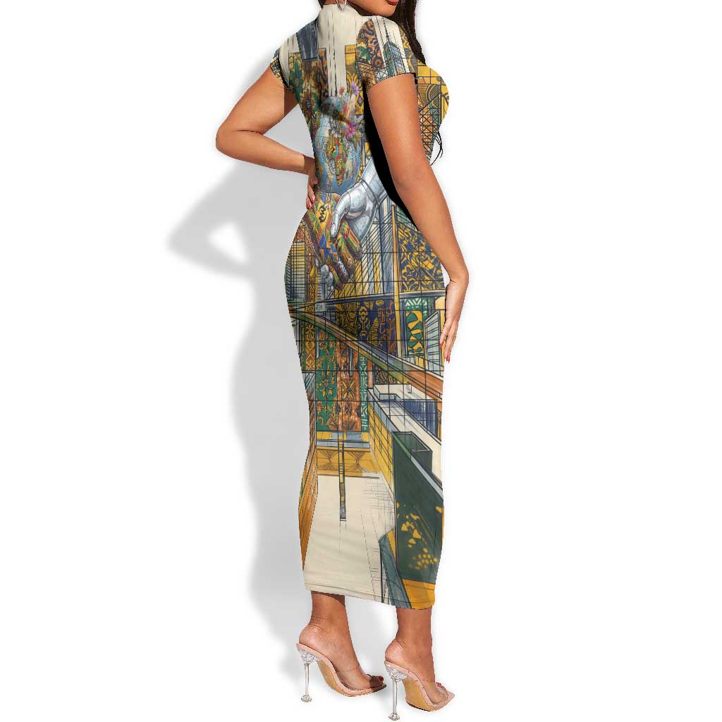 Léopold Sédar Senghor Short Sleeve Bodycon Dress President Poete Portrait Futuristic African Robotic Handshake Earth and Flowers Unity - Wonder Print Shop