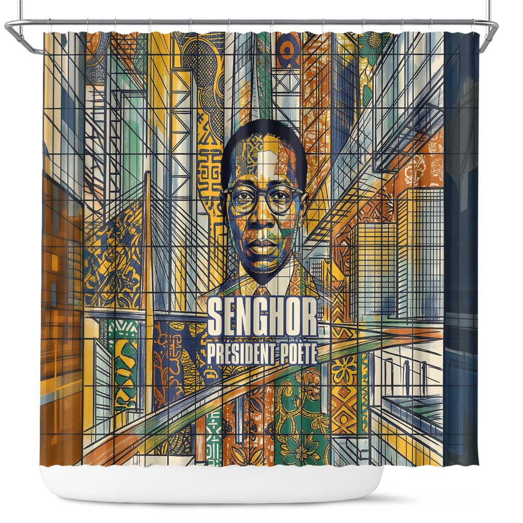 Léopold Sédar Senghor Shower Curtain President Poete Portrait Futuristic African Robotic Handshake Earth and Flowers Unity - Wonder Print Shop