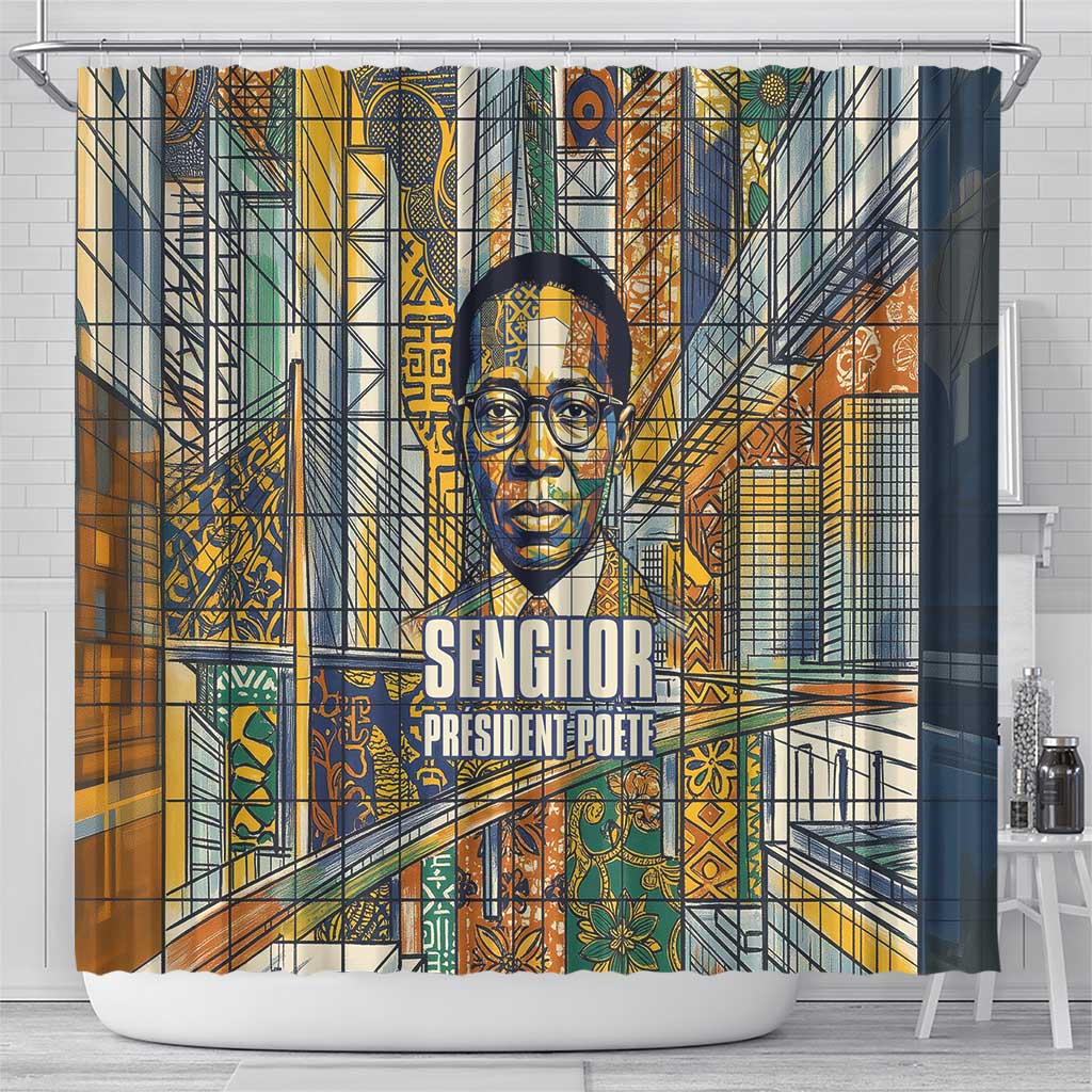 Léopold Sédar Senghor Shower Curtain President Poete Portrait Futuristic African Robotic Handshake Earth and Flowers Unity - Wonder Print Shop