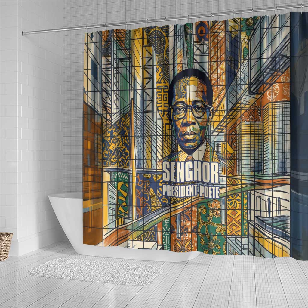Léopold Sédar Senghor Shower Curtain President Poete Portrait Futuristic African Robotic Handshake Earth and Flowers Unity - Wonder Print Shop
