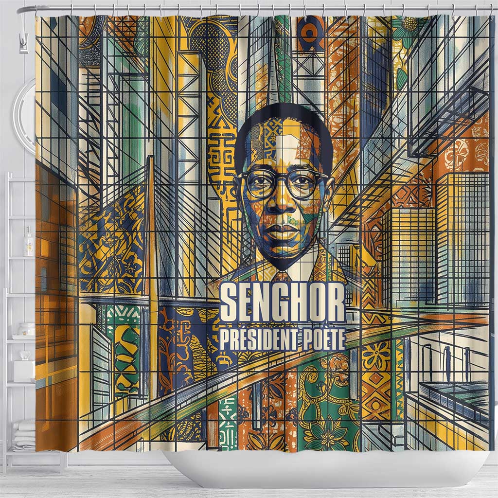 Léopold Sédar Senghor Shower Curtain President Poete Portrait Futuristic African Robotic Handshake Earth and Flowers Unity - Wonder Print Shop