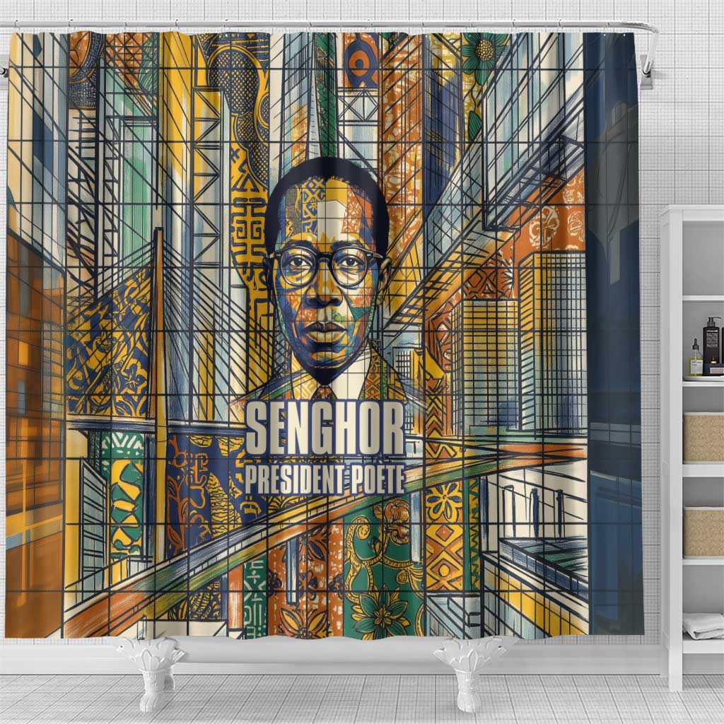 Léopold Sédar Senghor Shower Curtain President Poete Portrait Futuristic African Robotic Handshake Earth and Flowers Unity - Wonder Print Shop