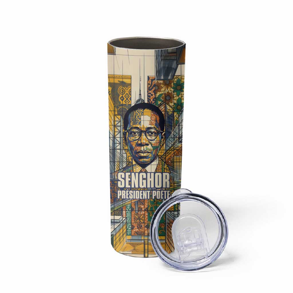 Léopold Sédar Senghor Skinny Tumbler President Poete Portrait Futuristic African Robotic Handshake Earth and Flowers Unity - Wonder Print Shop