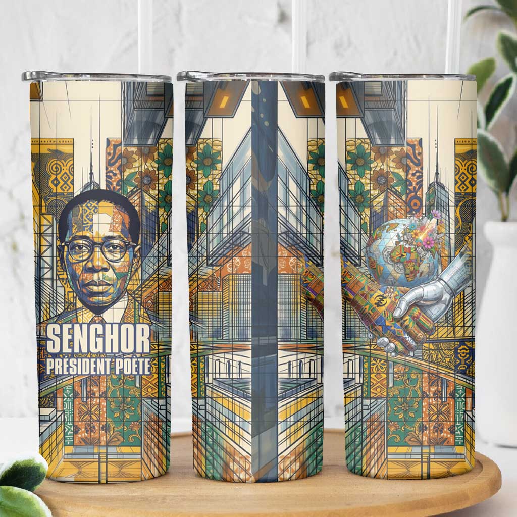 Léopold Sédar Senghor Skinny Tumbler President Poete Portrait Futuristic African Robotic Handshake Earth and Flowers Unity - Wonder Print Shop