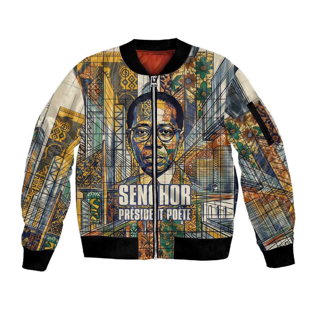 Léopold Sédar Senghor Sleeve Zip Bomber Jacket President Poete Portrait Futuristic African Robotic Handshake Earth and Flowers Unity - Wonder Print Shop