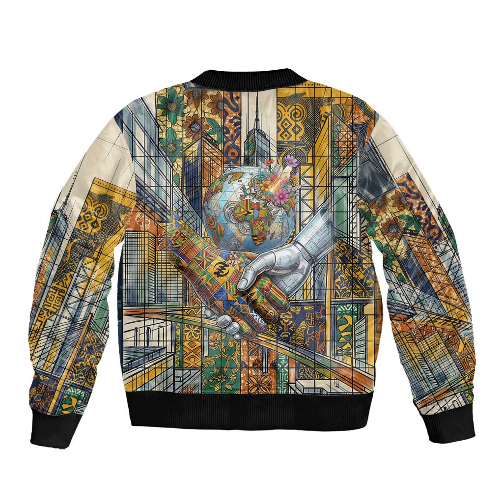 Léopold Sédar Senghor Sleeve Zip Bomber Jacket President Poete Portrait Futuristic African Robotic Handshake Earth and Flowers Unity - Wonder Print Shop
