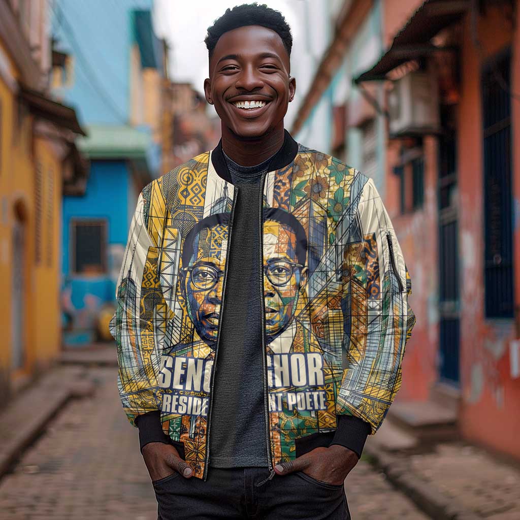 Léopold Sédar Senghor Sleeve Zip Bomber Jacket President Poete Portrait Futuristic African Robotic Handshake Earth and Flowers Unity - Wonder Print Shop