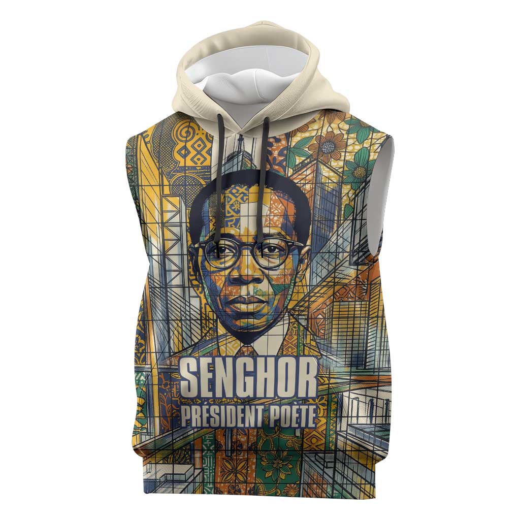 Léopold Sédar Senghor Sleeveless Hoodie President Poete Portrait Futuristic African Robotic Handshake Earth and Flowers Unity - Wonder Print Shop