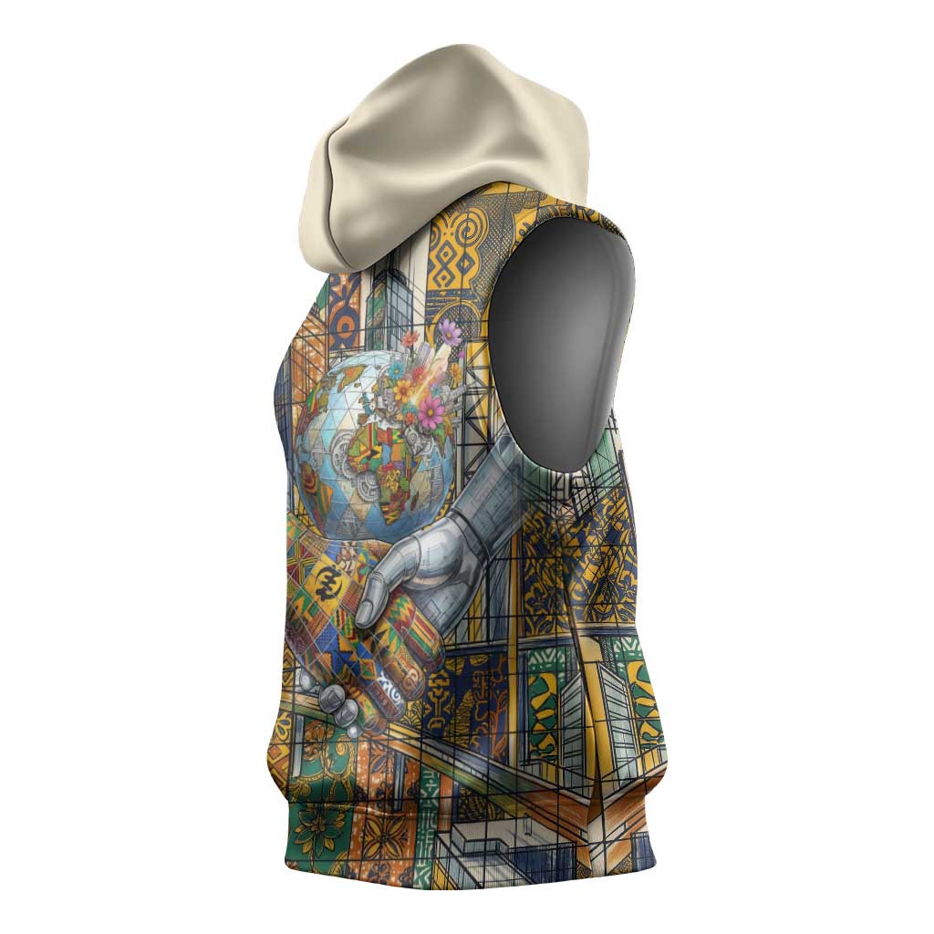 Léopold Sédar Senghor Sleeveless Hoodie President Poete Portrait Futuristic African Robotic Handshake Earth and Flowers Unity - Wonder Print Shop