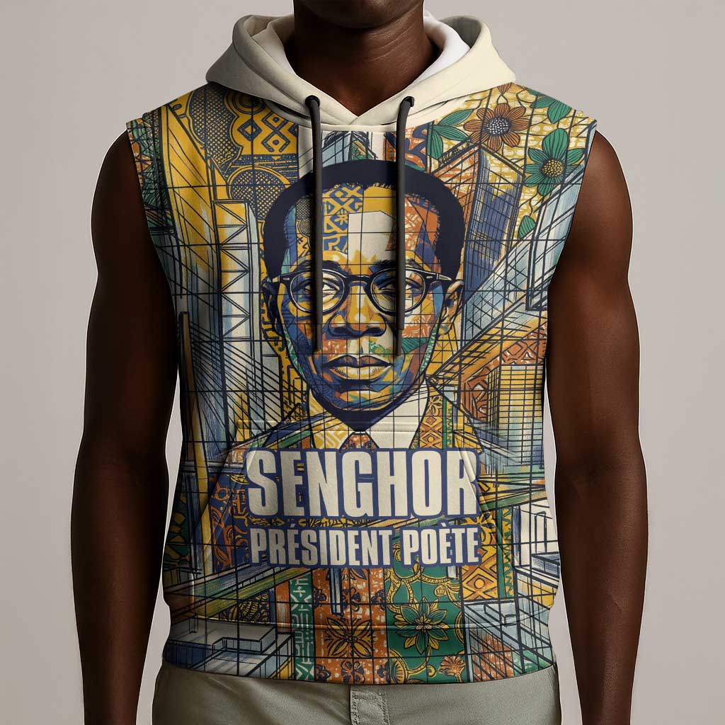 Léopold Sédar Senghor Sleeveless Hoodie President Poete Portrait Futuristic African Robotic Handshake Earth and Flowers Unity - Wonder Print Shop