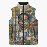 Léopold Sédar Senghor Sleeveless Puffer Jacket President Poete Portrait Futuristic African Robotic Handshake Earth and Flowers Unity - Wonder Print Shop